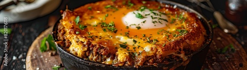 Bobotie, South African spiced minced meat baked with an egg topping, family dinner in Cape Town photo
