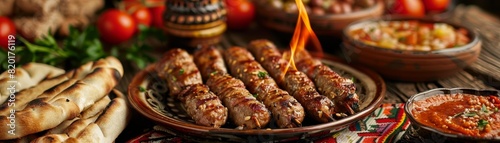 Bosnian cevapi with ajvar, grilled meat rolls, served with homemade flatbread, traditional stone courtyard, festive table with colorful textiles photo