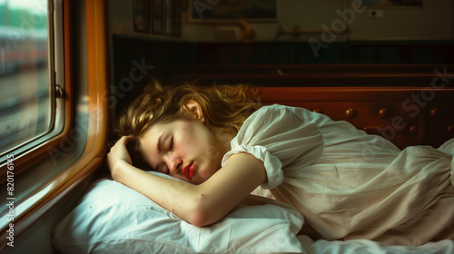 young woman sleeping at the train in the sleeping car travel on a long but cheap way