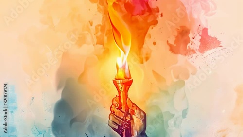 Closeup of hand holding torch with flame, in style of an aquarelle
 photo