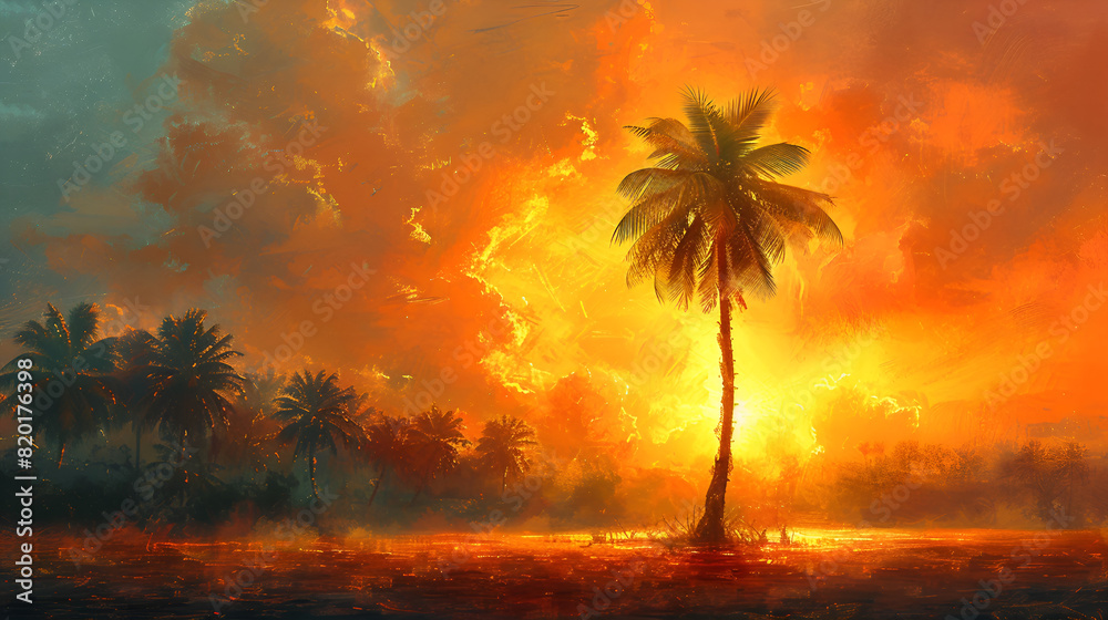 Obraz premium A lone palm tree stands on a pristine tropical beach, with clear blue skies and white, sandy shore embodying serenity and natural beauty. AI generative.