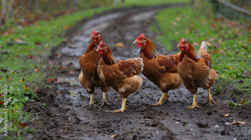 free range chickens in a beautyful sunny farm photo