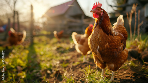 free range chickens in a beautyful sunny farm photo