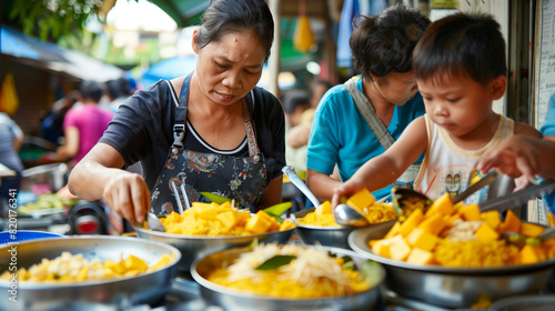 family enjoying mango sticky rice at an outdoor market