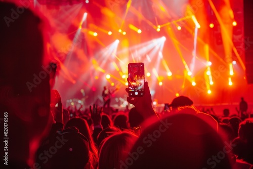 At an open-air concert in Chicago, attendees capture the sunset-lit stage with their smartphones and cameras, blending vibrant colors with the excitement of live music.