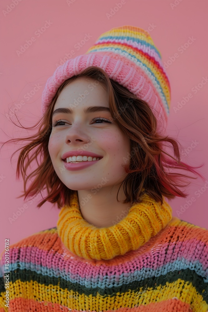 woman sweater knitted hat cheerful face soft teen short hair huge smile round cropped profile princess rich bright sunny color nylon ecstatic expression woman sweater knitted hat cheerful face soft teen short hair huge smile round cropped profile princess rich bright sunny color nylon ecstatic expression
