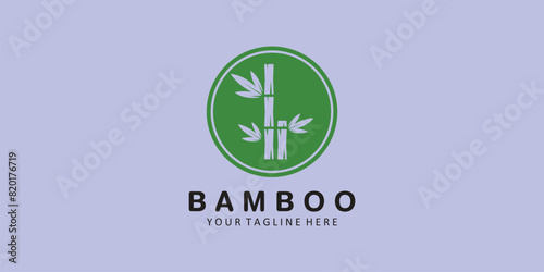 Bamboo logo with emblem icon design, minimalist bamboo illustration Green bamboo tree vector design. Bamboo stem logo type