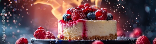 Cheesecake, creamy and topped with berries, chic New York bakery photo