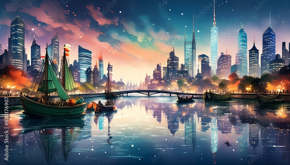 Obraz premium A calm river reflecting the shimmering lights of a city skyline at night.