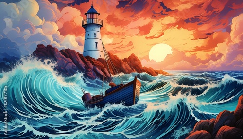 A detailed boat near a lighthouse with rocky shores and crashing waves. The dramatic sky 
