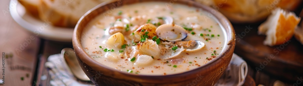 Clam chowder, creamy and loaded with potatoes and clams, cozy New England seafood shack Clam chowder, creamy and loaded with potatoes and clams, cozy New England seafood shack