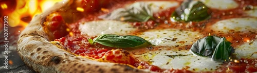 Closeup of a classic Margherita pizza, fresh basil and melted mozzarella cheese, vibrant tomato sauce, rustic Italian pizzeria background