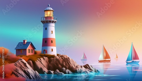  A lighthouse on a coastal cliff with sailboats passing by in the background. 