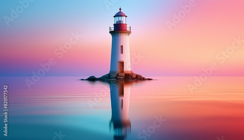 A lighthouse reflecting in still water at sunrise, with soft pastel colors in the sky. 