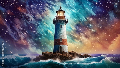  A lighthouse under a clear, starry night sky, with stars twinkling above and a calm sea