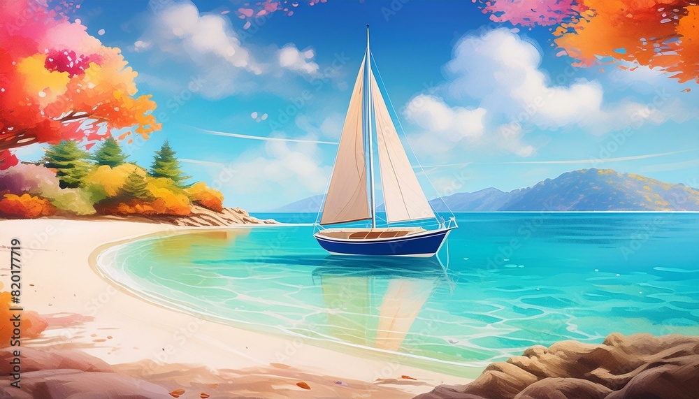  A sailboat anchored in a serene bay with clear blue waters and a smooth sandy shore. 
