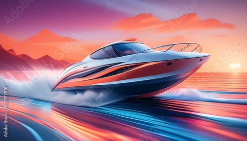  A speed boat cutting through waves at high speed, creating dynamic splashes and wake. 