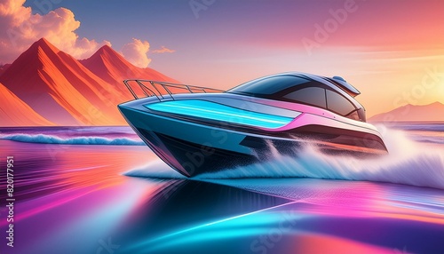  A speed boat cutting through waves at high speed, creating dynamic splashes and wake. 