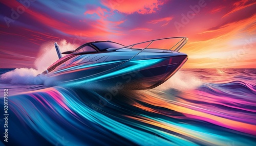  A speed boat cutting through waves at high speed, creating dynamic splashes and wake. 