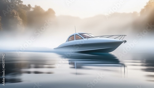 A speed boat emerging through morning fog on a still lake, with soft, diffused light 