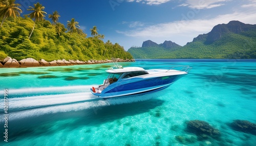  A speed boat gliding through clear tropical waters, surrounded by lush greenery and distant © Jay Kat.