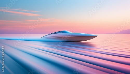 A speed boat idling in serene, glassy waters with detailed reflections and a clear blue sky. photo