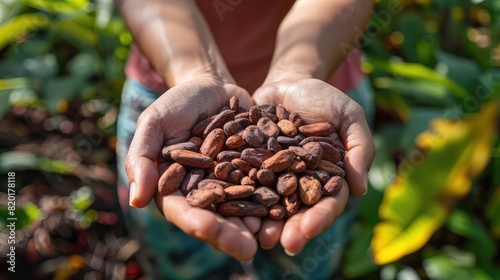 Cocoa beans harvest in the hands of a woman. Selective focus. photo