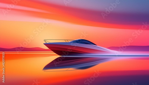  A speed boat silhouetted against a vibrant sunset with shades of orange, pink, and purple. 