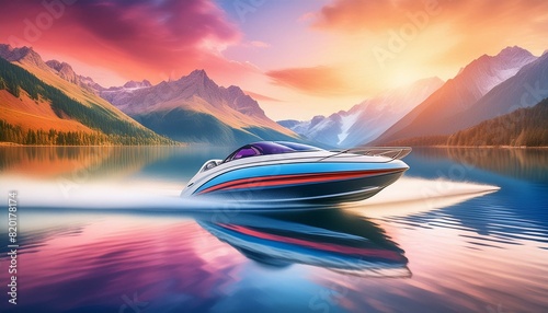  A speed boat speeding across a lake with majestic mountains in the background. photo