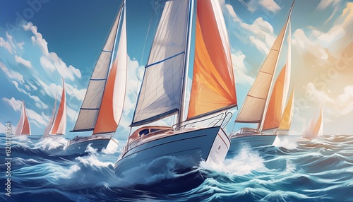 Multiple yachts racing with sails full of wind and dynamic waves. The action-packed scene