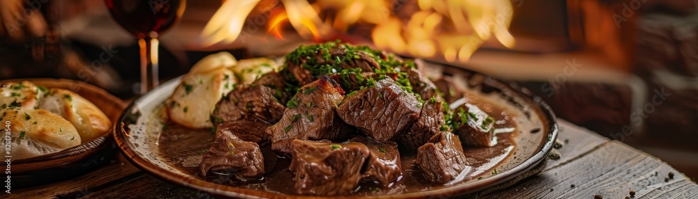 Czech Svickova, slices of beef in a creamy vegetable sauce, served with bread dumplings, traditional tavern setting, warm and inviting Czech Svickova, slices of beef in a creamy vegetable sauce, served with bread dumplings, traditional tavern setting, warm and inviting