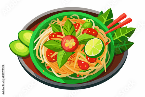 Thai Som Tum with fresh shrimp in a bowl. Thai salad. Concept of authentic Asian cuisine, traditional dish. Graphic illustration. Isolated on white surface