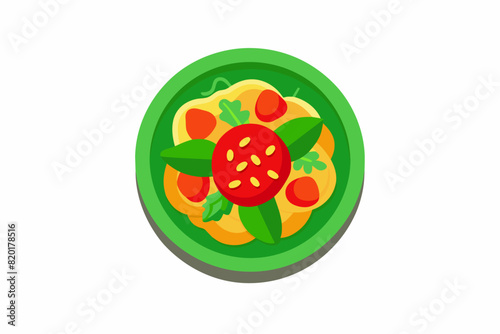 Thai Som Tum with fresh shrimp in a bowl. Thai salad. Concept of authentic Asian cuisine, traditional dish. Graphic illustration. Isolated on white surface. Top view