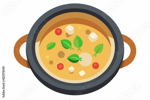 Tom Kha Gai in bowl with chicken, mushrooms in coconut milk broth. Traditional Thai coconut soup with fresh herbs. Concept of authentic Asian cuisine. Graphic illustration. Isolated on white