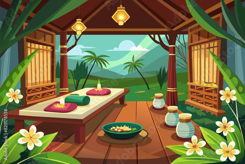 Empty Thai spa treatment room. Spa interior. Concept of relaxation, massage room, wellness, tranquility, indulgence. Graphic illustration. Print, textile, design element