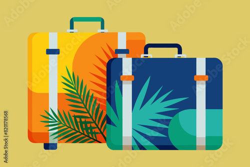 Isolated Suitcases with tropical palm leaves. Travel luggage ready for holiday. Concept of vacation, travel gear, tropical destination, journey. Graphic illustration. Print, textile, design element