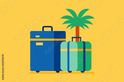 Isolated Suitcases with tropical palm leaves. Travel luggage ready for holiday. Concept of vacation, travel gear, tropical destination, journey. Graphic illustration. Print, textile, design element