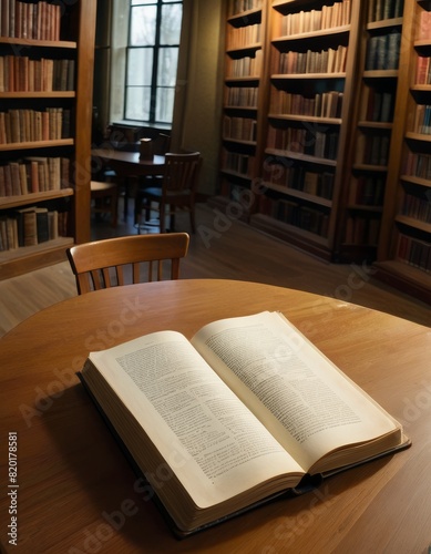 An open book lies on a wooden table, basked in warm sunlight from a window, evoking a serene, studious atmosphere in a classic library setting.