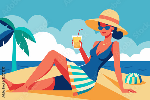 Woman enjoying tropical drink on sunny beach. Young lady with refreshing cocktail. Concept of summer leisure, beach relaxation, vacation vibes. Graphic illustration. Print, design