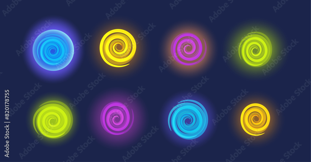 Bright Neon-colored Spirals On Dark Background, Suggesting Magical Portals Or Mysterious Pathways Bright Neon-colored Spirals On Dark Background, Suggesting Magical Portals Or Mysterious Pathways