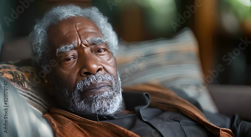 Health Emergency Elderly Black Man Experiences Heart Attack and Acute Pain While Seated on Sofa in Living Room	
 photo
