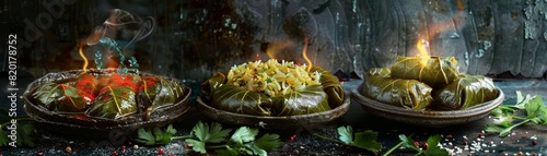 Dolma, grape leaves stuffed with rice and herbs, Middle Eastern family feast photo