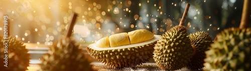 Durian, strongsmelling fruit, sliced open in a Malaysian fruit stall, vibrant tropical setting photo