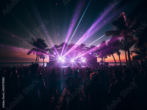 Light rays dance on the beach at a nighttime party © Llama-World-studio