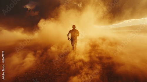 Man running through dusty field at sunset concept of adventure and freedom in nature