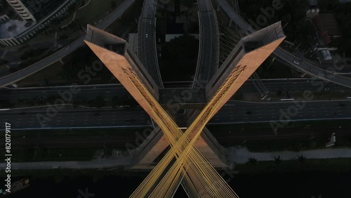 Aerial view of Octávio Frias de Oliveira Bridge, also known as Cable-stayed Bridge (Ponte Estaiada) - São Paulo, Brazil photo
