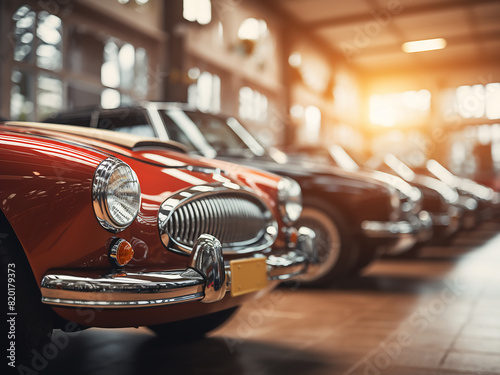 Sunlight gently softens the image of vintage cars in a showroom photo