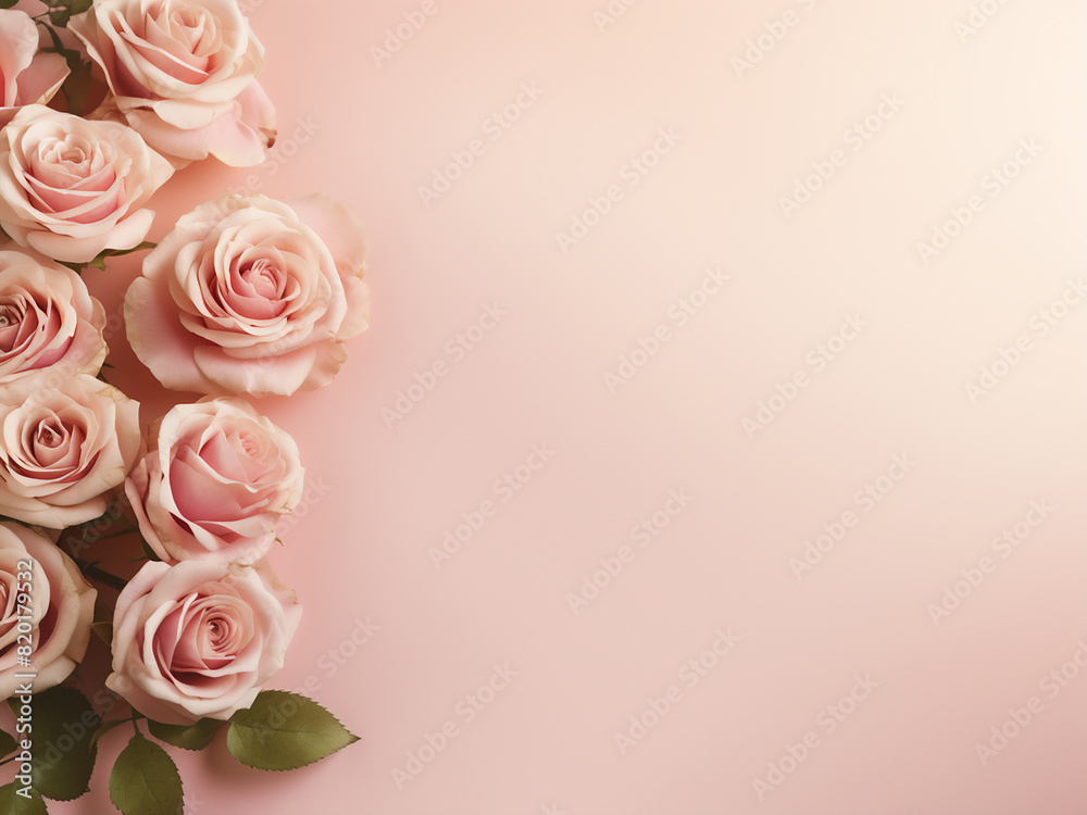 Gentle beige canvas complemented by pink roses, text-friendly