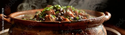 Feijoada, Brazilian black bean stew with pork, served in a clay pot, lively festival in Rio de Janeiro photo