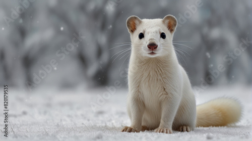 an white ermine animal fully body close up sit in the snow photo